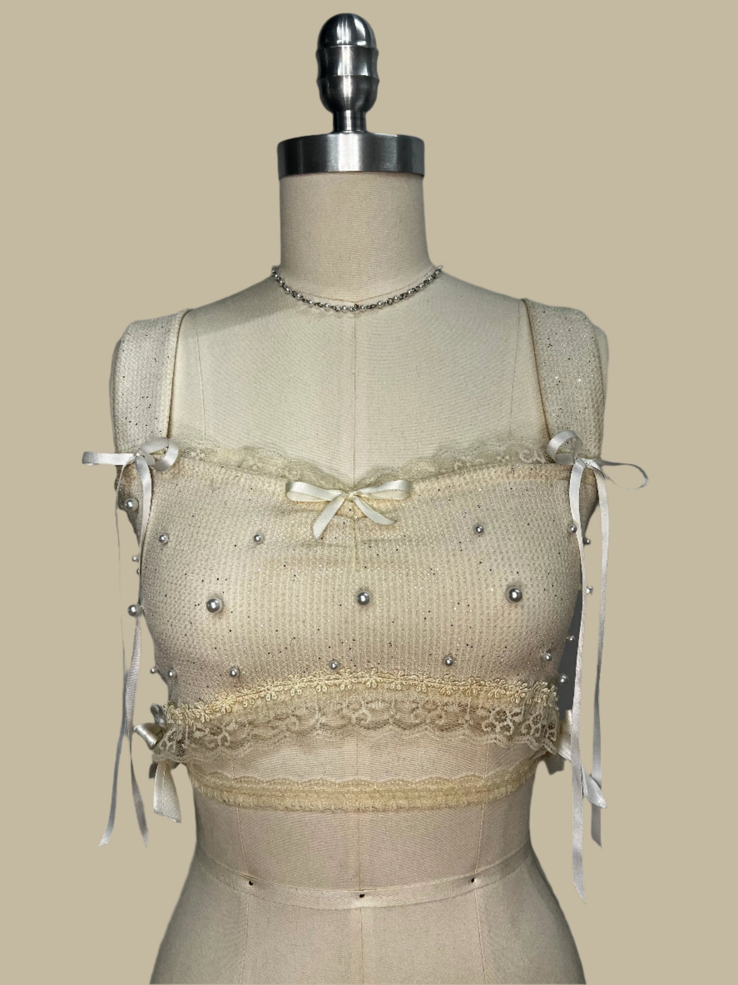 RENTAL: PEARLS, RIBBONS, & LACE CROP TOP (SIZE SMALL)