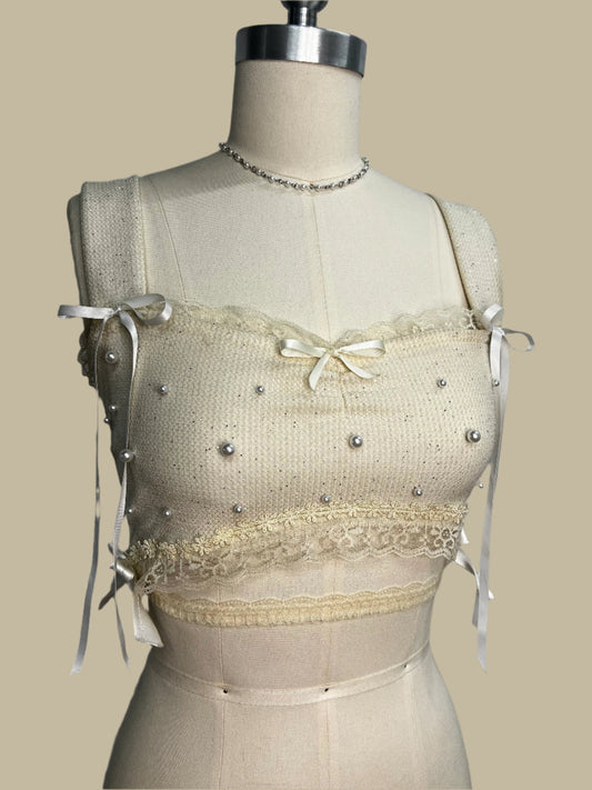 RENTAL: PEARLS, RIBBONS, & LACE CROP TOP (SIZE SMALL)
