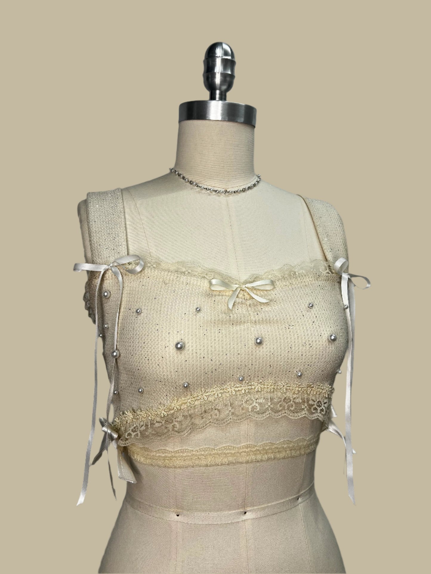 RENTAL: PEARLS, RIBBONS, & LACE CROP TOP (SIZE SMALL)